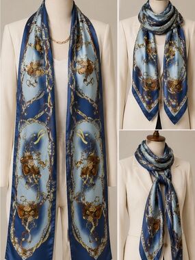 Hermes Silk Scarf in Blue, Gold and Navy with Equestrian Motif